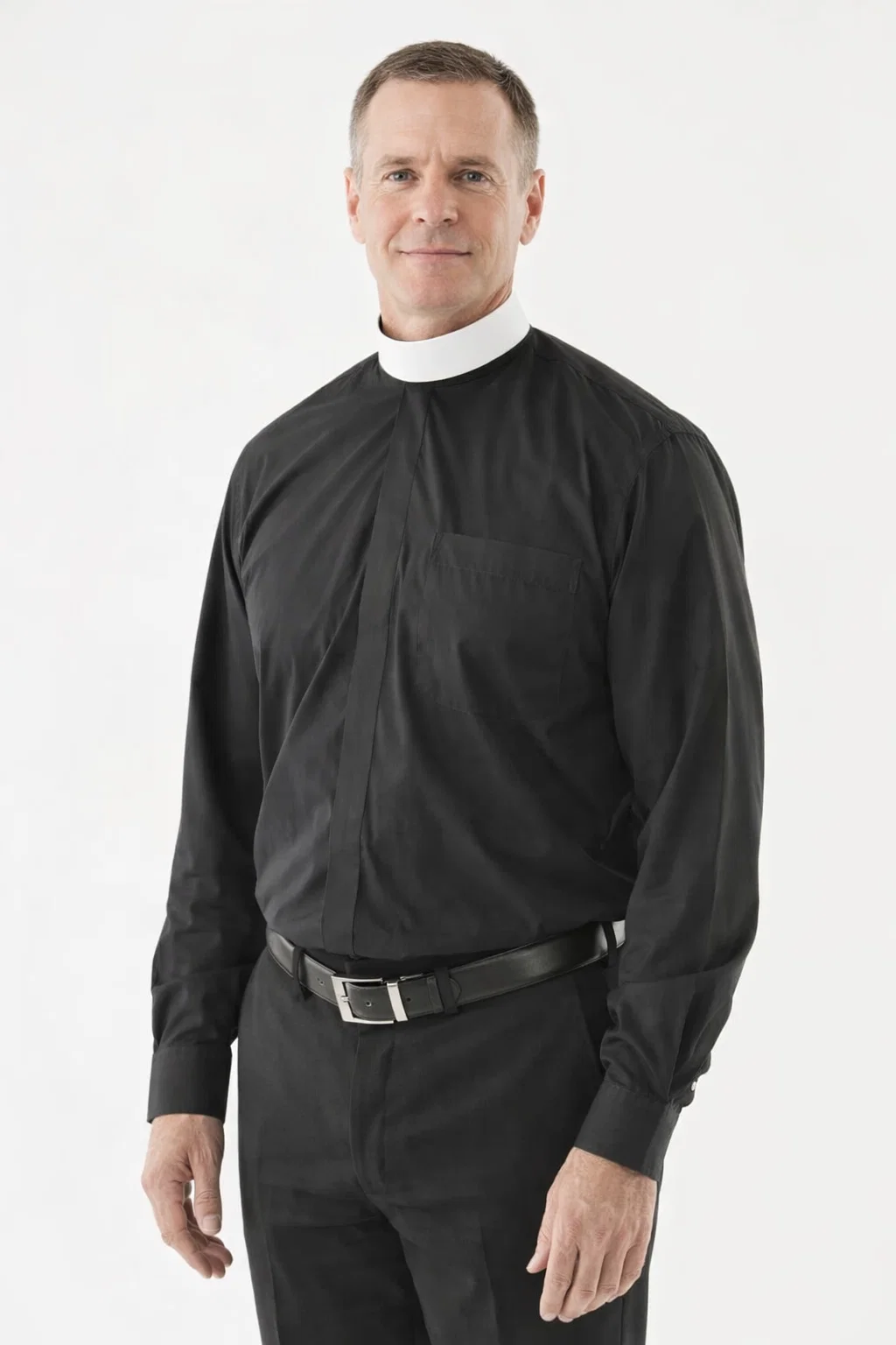 A Men Wearing Veritus Men’s Black Clergy Shirt