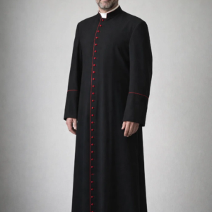 Front view of the Vicarius Structured Black Cassock