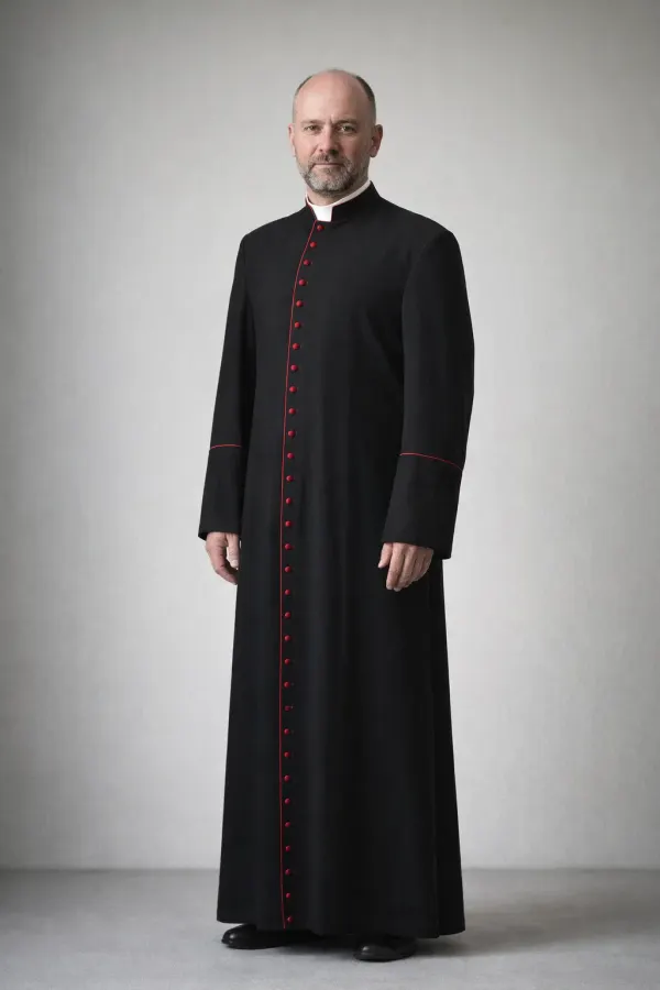 Front view of the Vicarius Structured Black Cassock
