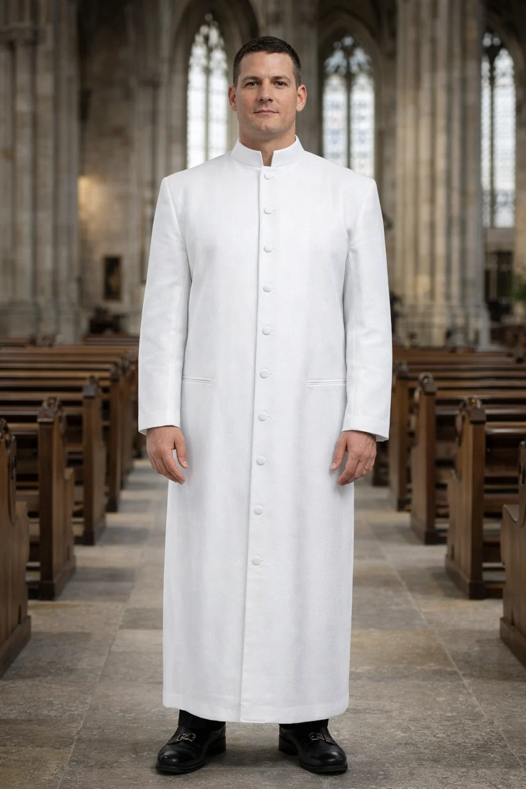 Albaris White Ceremonial Clergy Robe with Mandarin Collar - Image 3