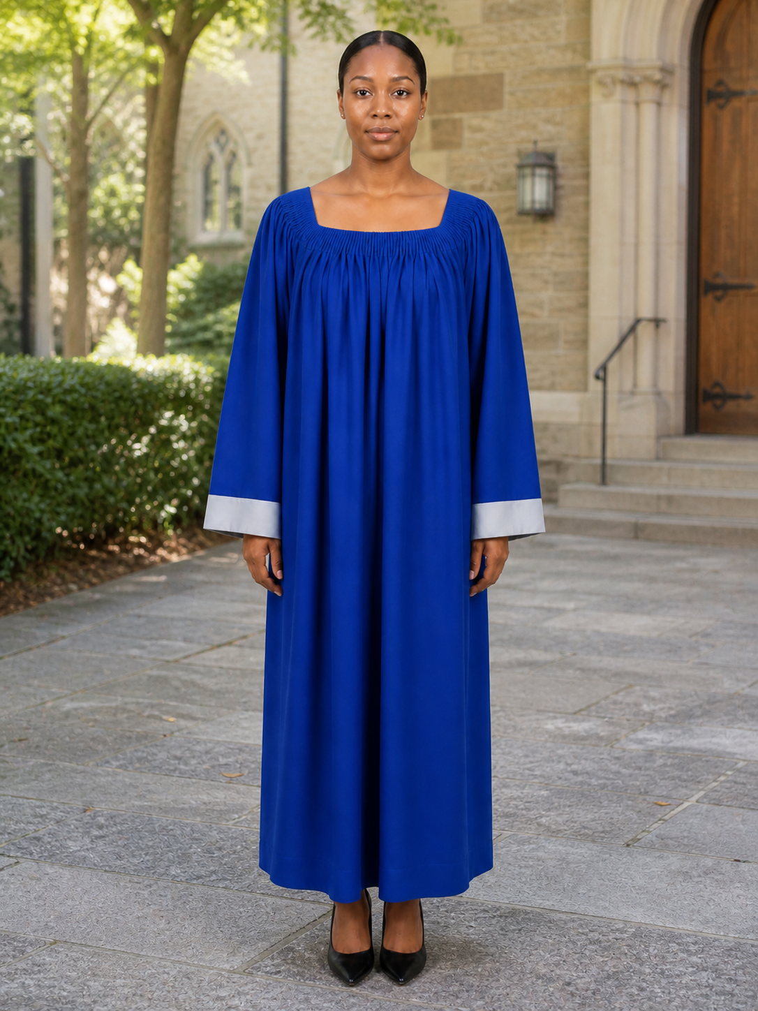 Caelora Blue Choir Robe with Fluted Yoke with Grey Cuffs - Image 3