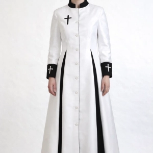 Dianna White Clergy Robe with Black Panels and Crosses
