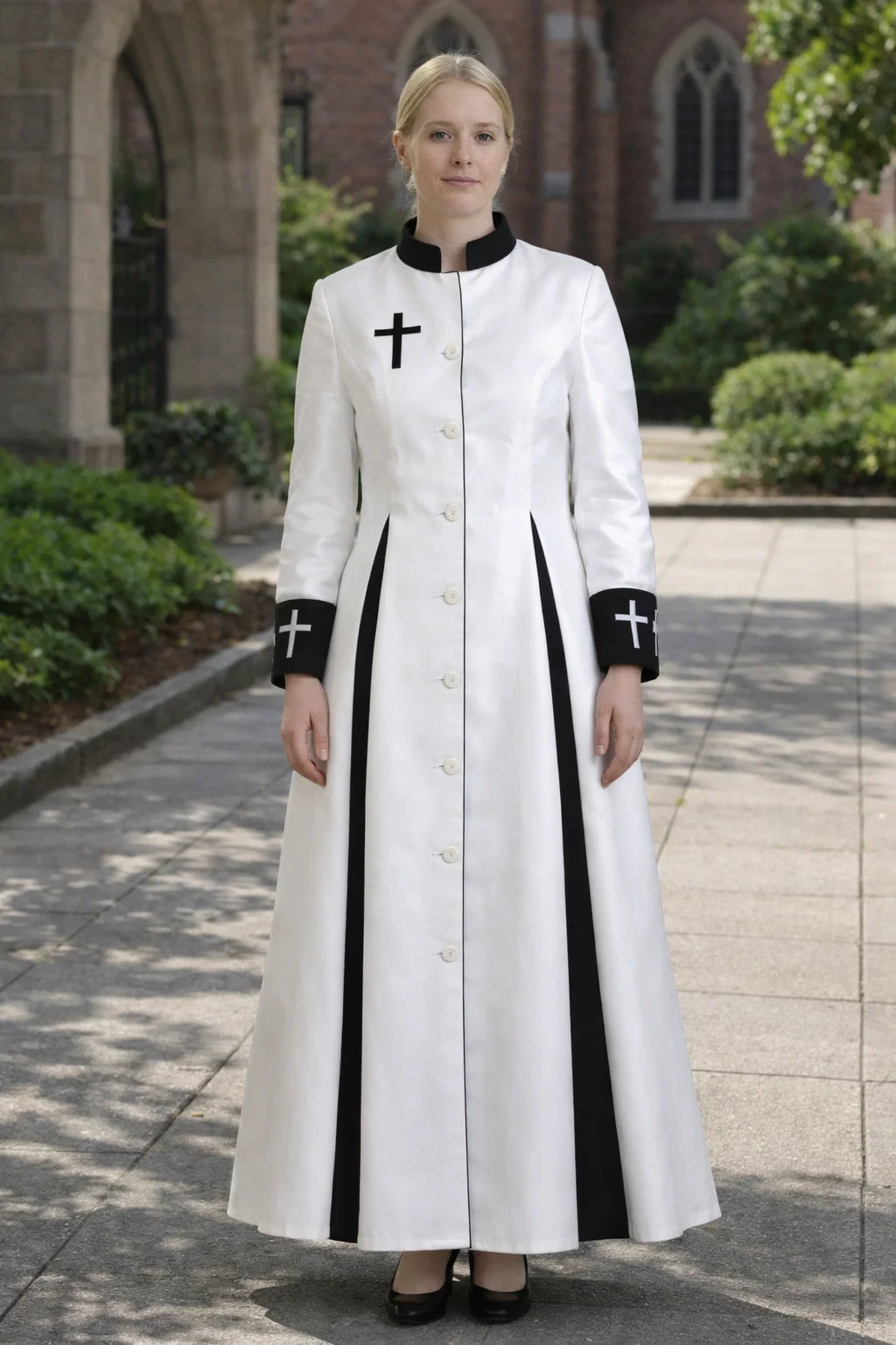 Dianna White Clergy Robe with Black Panels and Crosses - Image 3