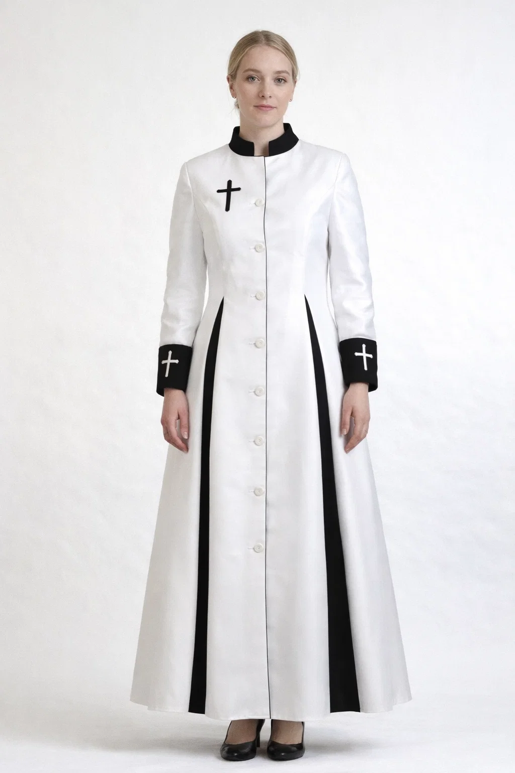 Dianna White Clergy Robe with Black Panels and Crosses