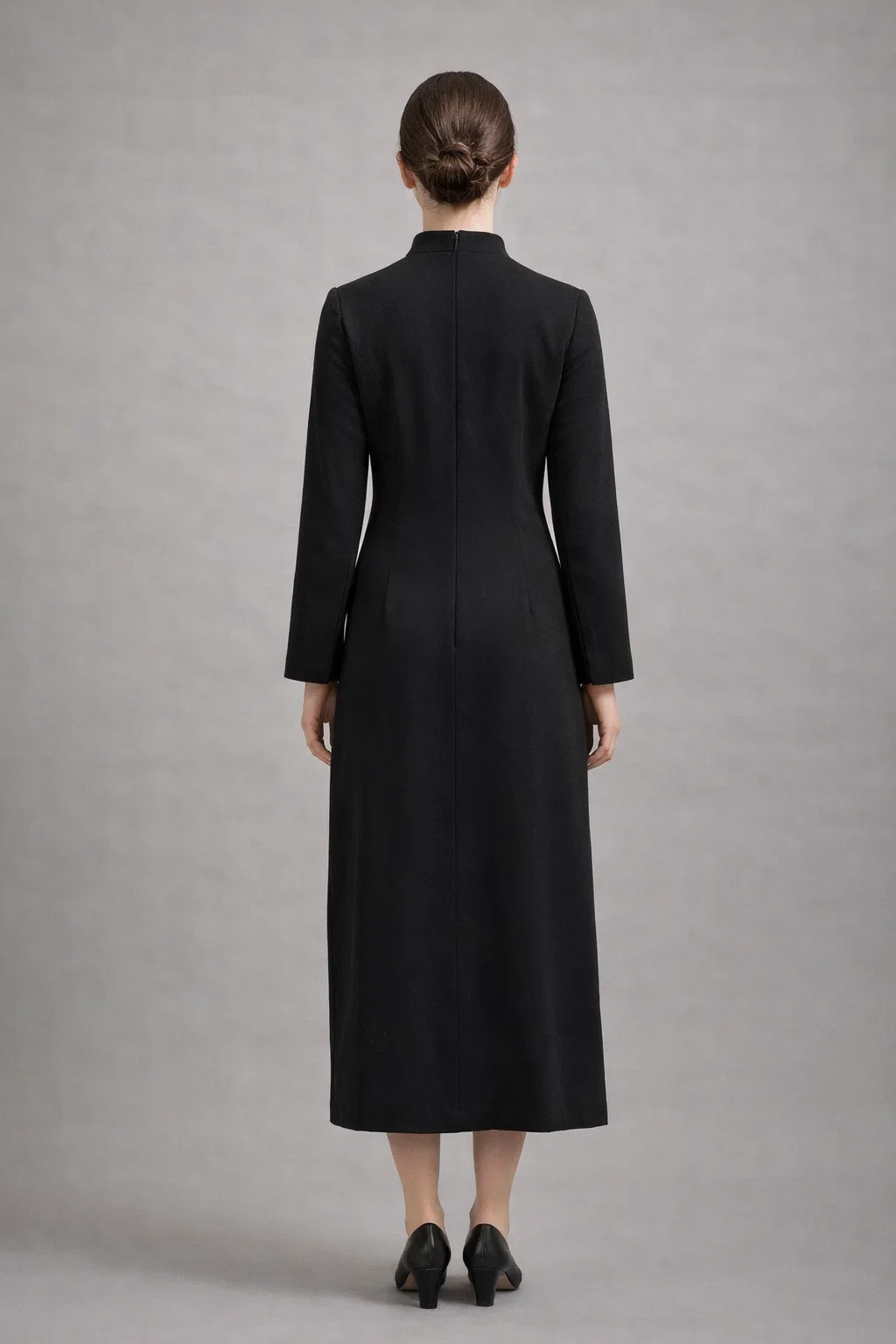 Ebony Plain Black Clergy Dress with Tab Collar - Image 2
