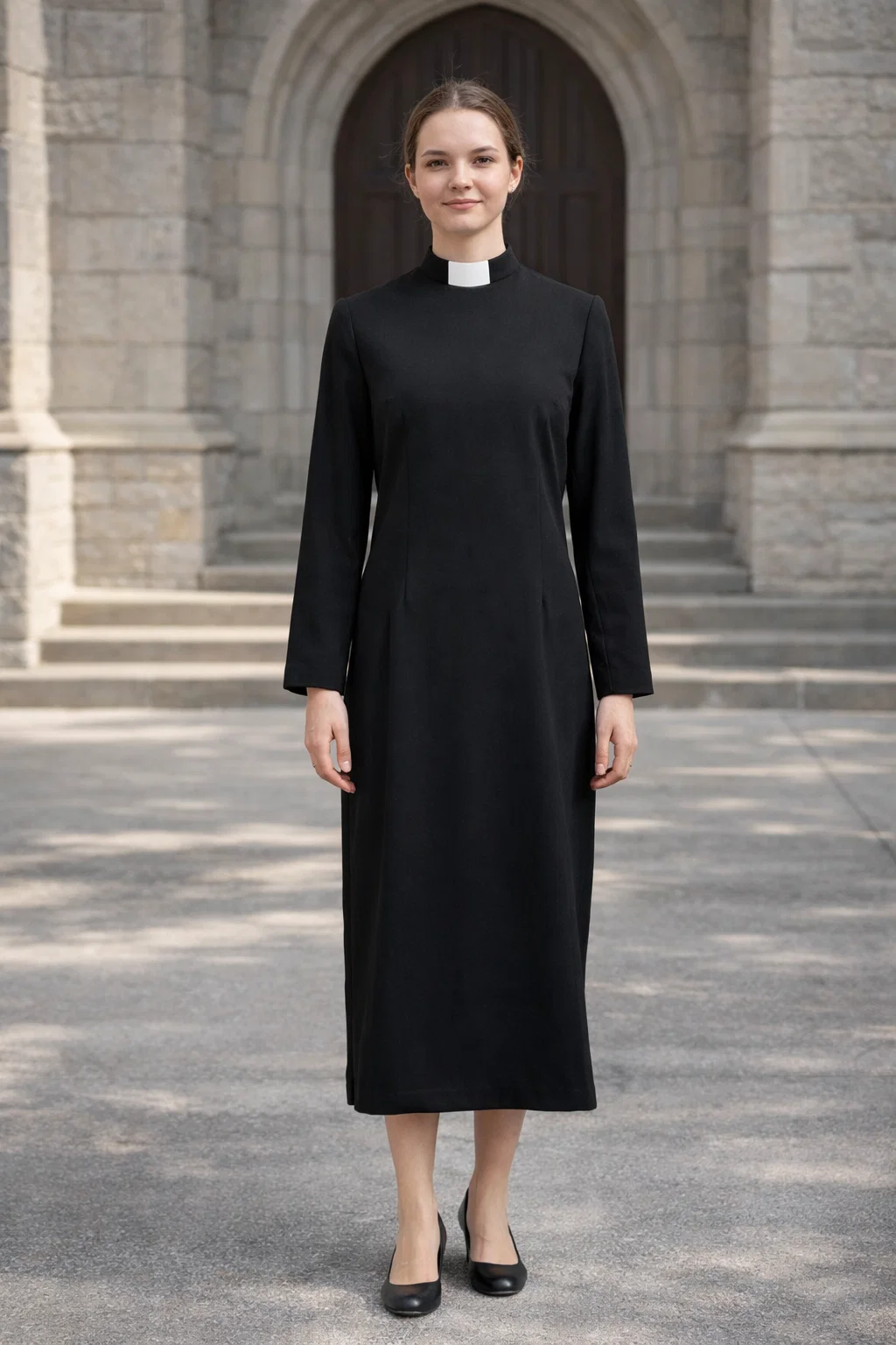 Ebony Plain Black Clergy Dress with Tab Collar - Image 3
