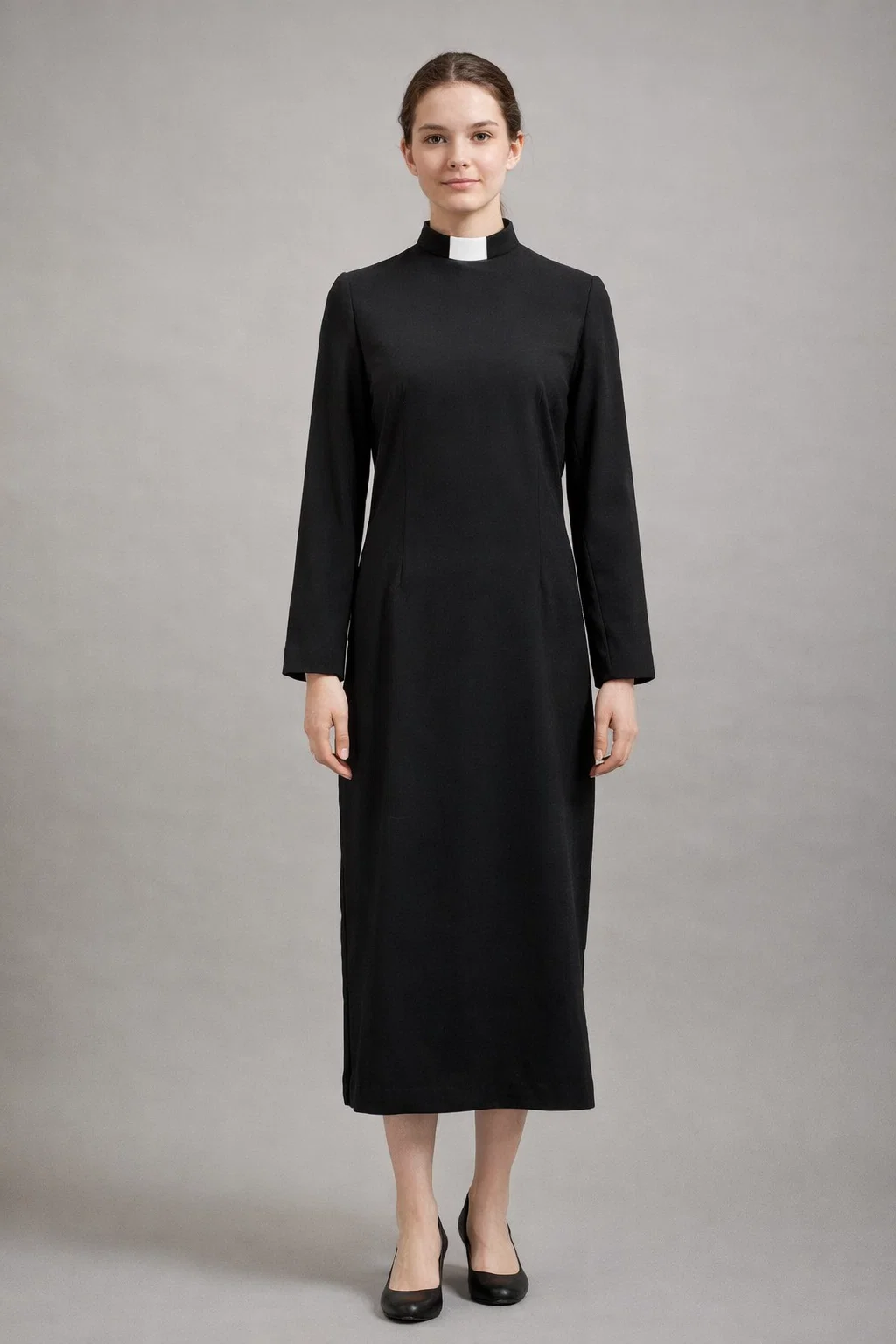 Ebony Plain Black Clergy Dress with Tab Collar