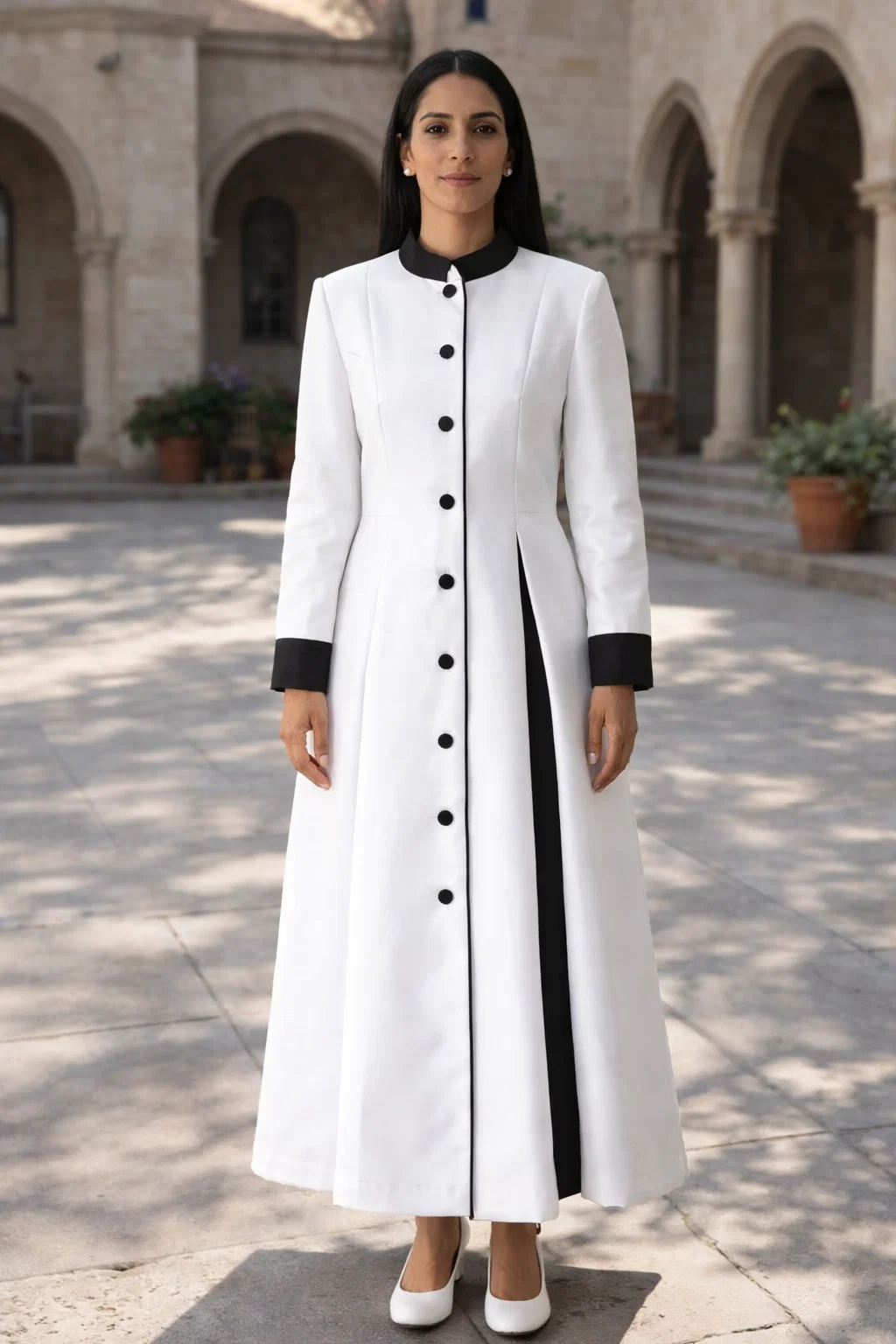 Ecclesia White Clergy Dress with Black Buttons and Cuffs - Image 3