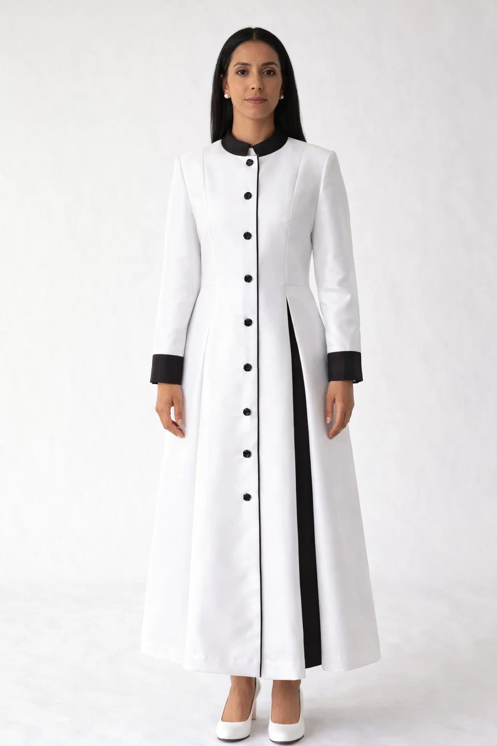 Ecclesia White Clergy Dress with Black Buttons and Cuffs