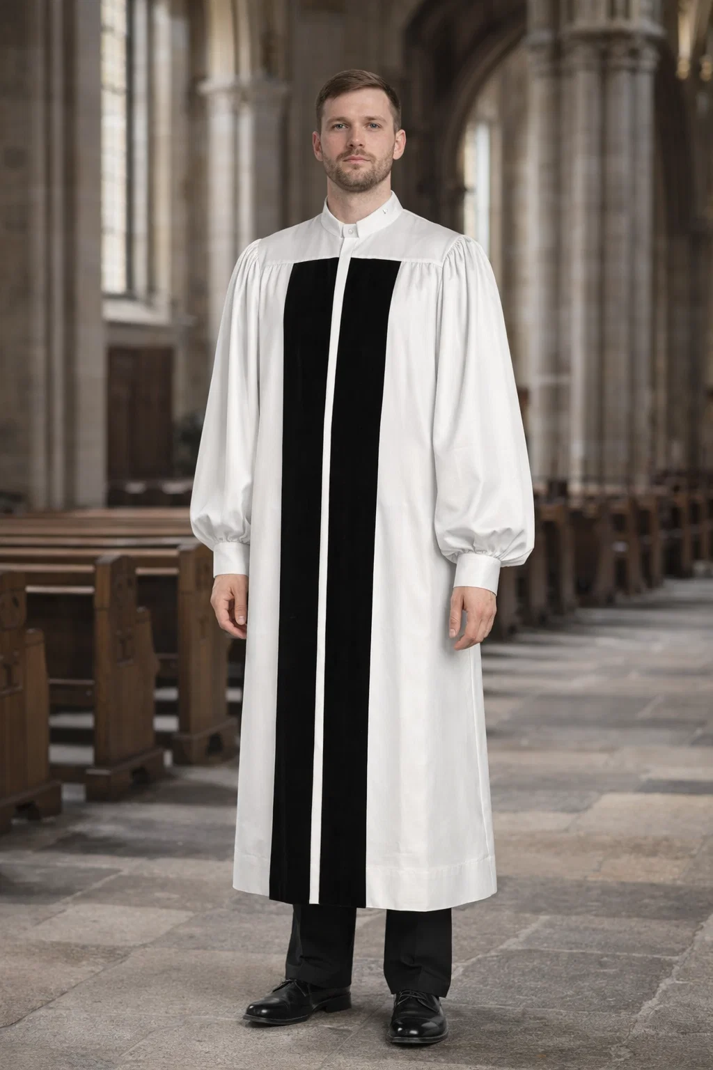 Luminara Men's White Clergy Robe with Black Panel - Image 3