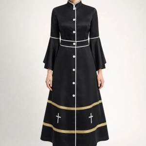 Noir Black Clergy Robe with Gold Bands and White Crosses