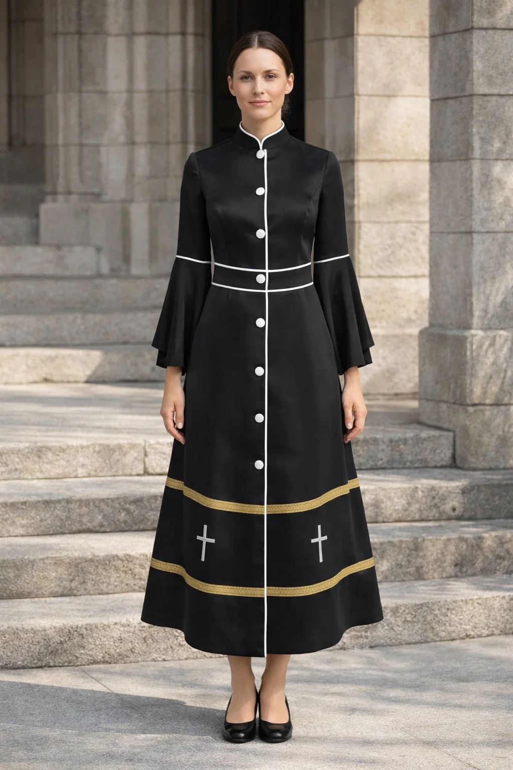 Noir Black Clergy Robe with Gold Bands and White Crosses - Image 3