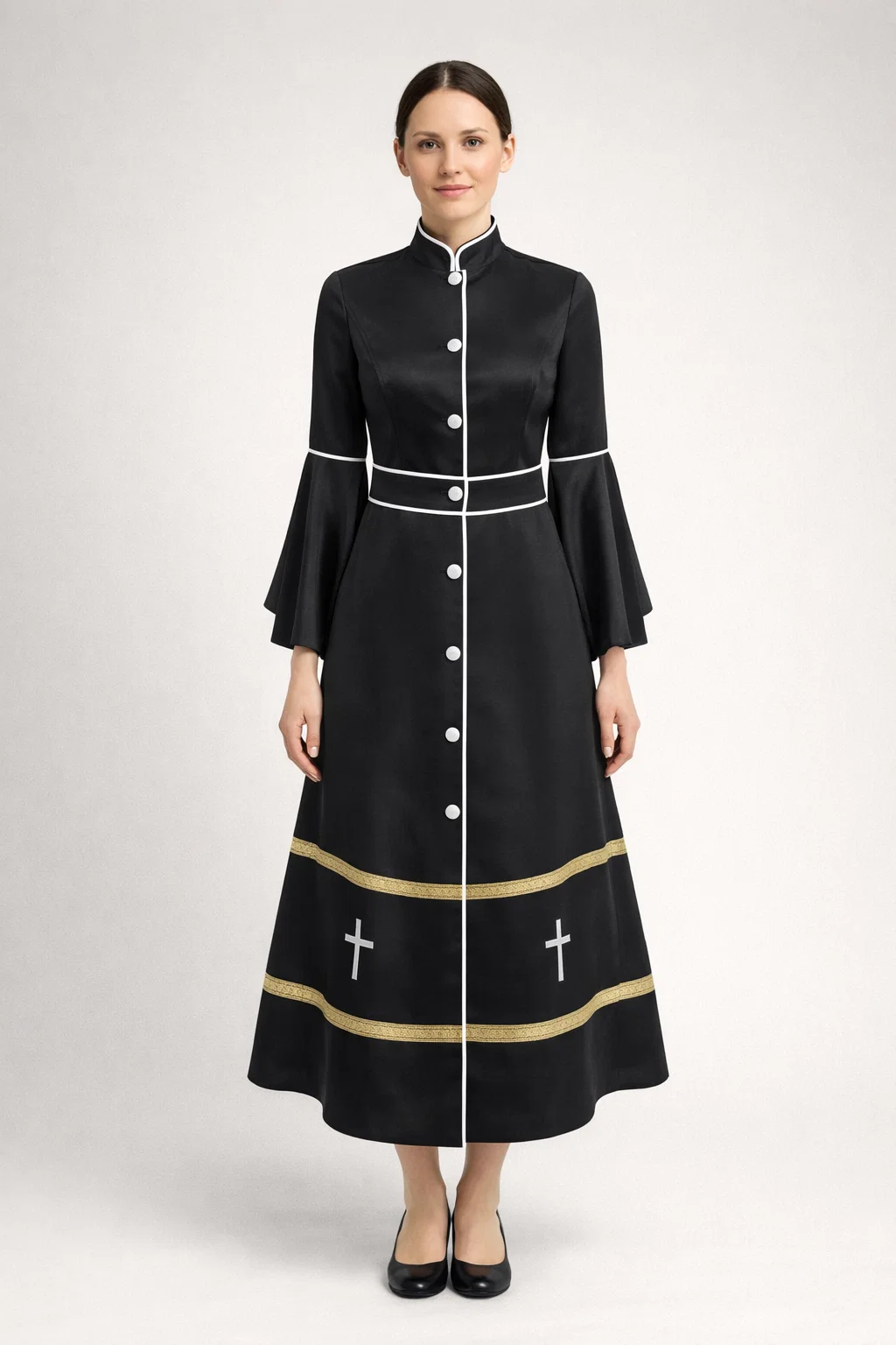 Noir Black Clergy Robe with Gold Bands and White Crosses