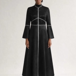 Onyx Black Ceremonial Clergy Dress with White Piping Trim