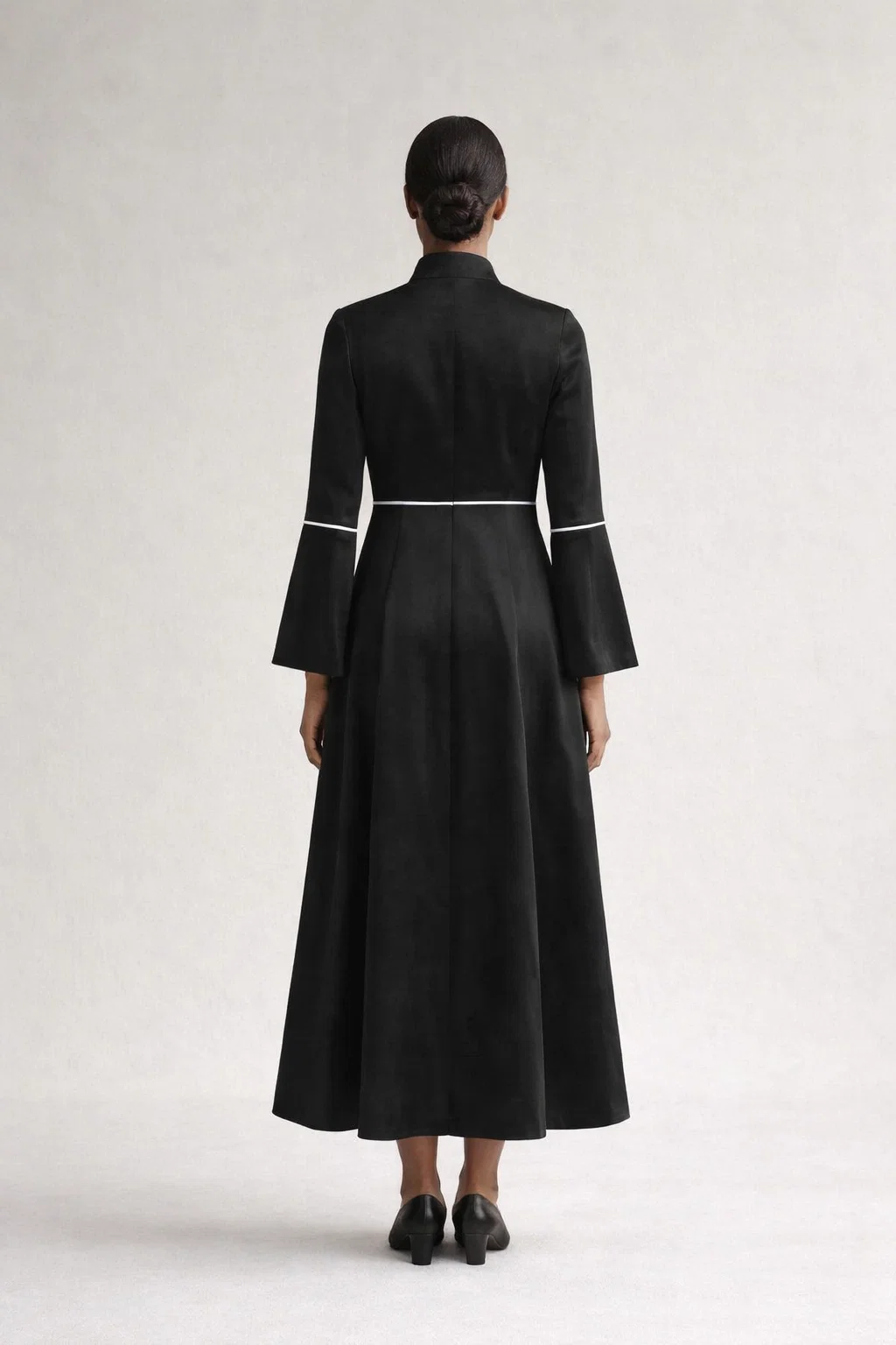 Onyx Black Ceremonial Clergy Dress with White Piping Trim - Image 2