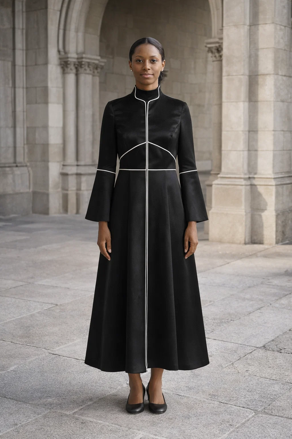 Onyx Black Ceremonial Clergy Dress with White Piping Trim - Image 3