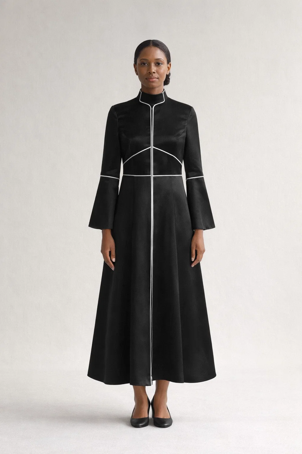 Onyx Black Ceremonial Clergy Dress with White Piping Trim