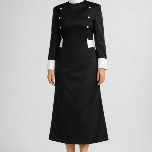 Sable Black Clergy Dress with White Buttons and Cuffs
