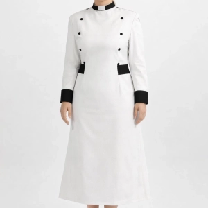 Vesper White Clergy Dress with Black Buttons and Tabs