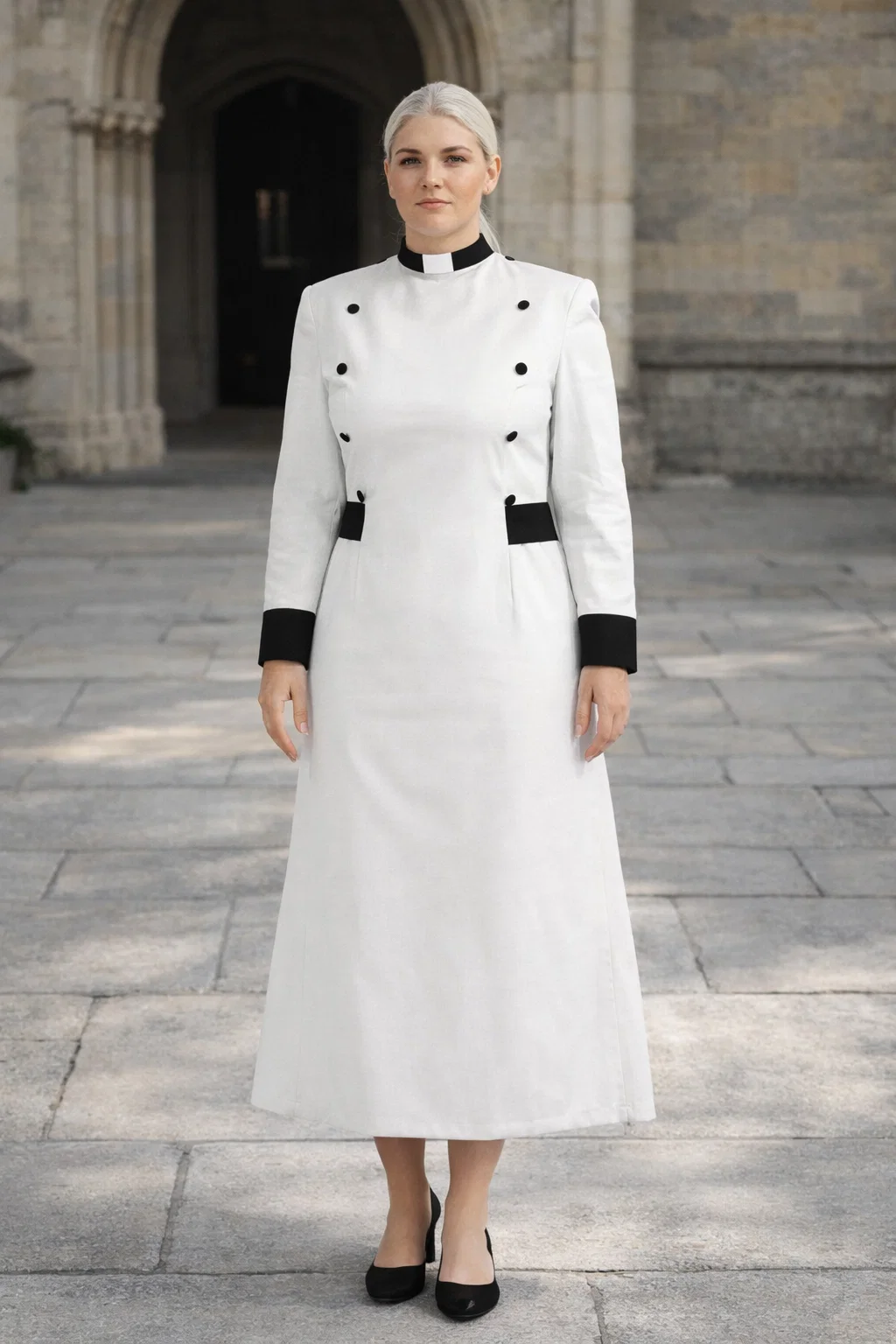 Vesper White Clergy Dress with Black Buttons and Tabs - Image 3