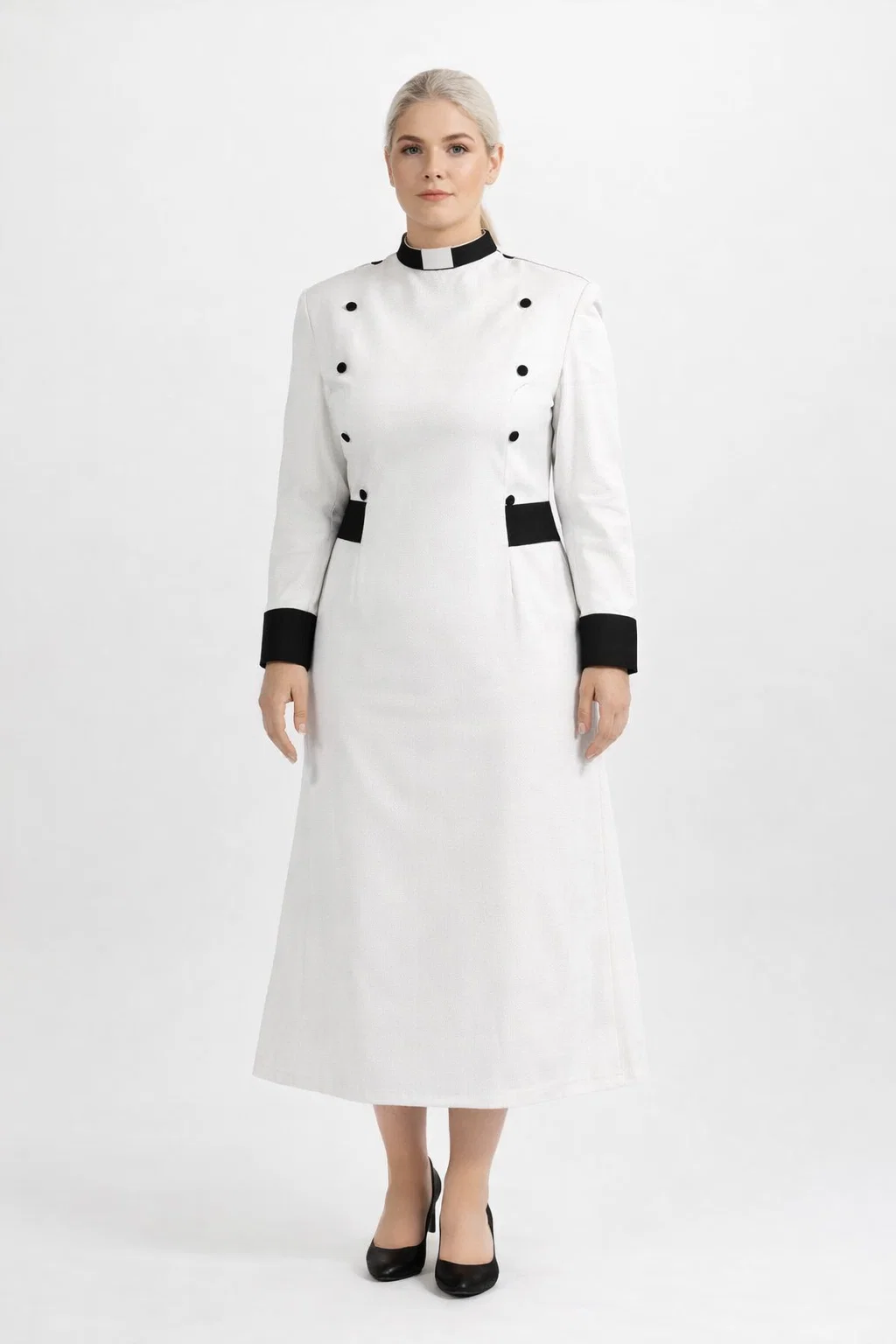 Vesper White Clergy Dress with Black Buttons and Tabs