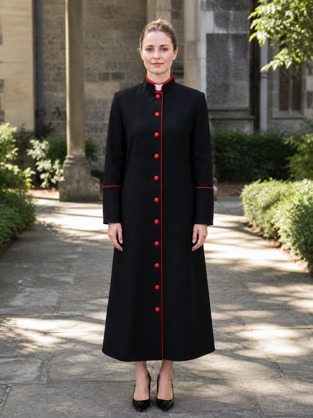 Vesperis Black Cassock Robe with Red Buttons and Piping - Image 3