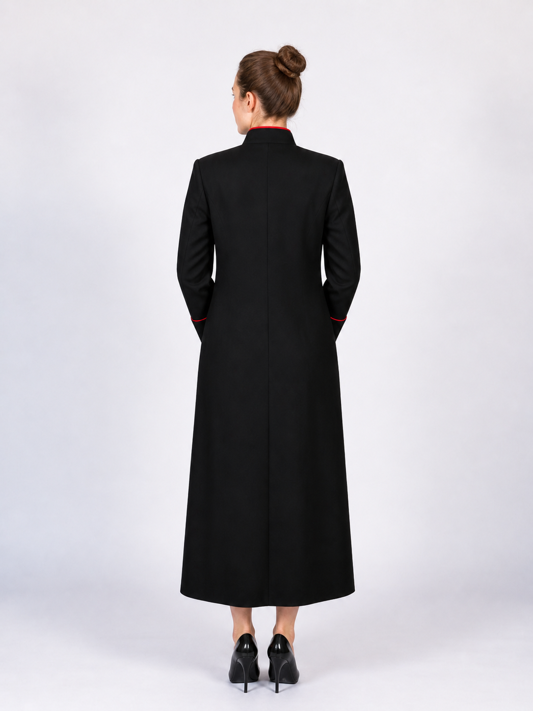 Vesperis Black Cassock Robe with Red Buttons and Piping - Image 2
