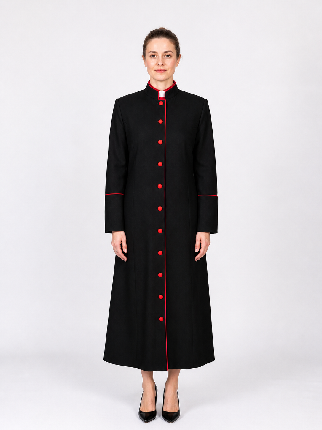 Vesperis Black Cassock Robe with Red Buttons and Piping